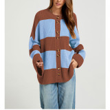 Women Striped Color Block Button Knit Cardigan