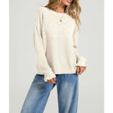 Women Hollow Knit Ruffle Cuff Crew Neck Sweater