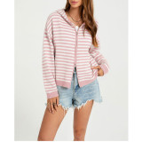 Women Striped Zip Hooded Knit Cardigan