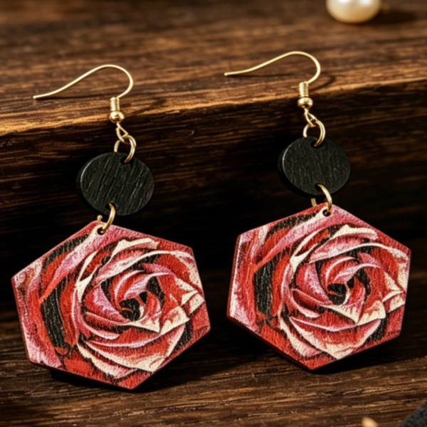 Vintage Rose Hexagonal Wooden Dangle Earrings