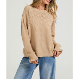 Women Hollow Knit Ruffle Cuff Crew Neck Sweater