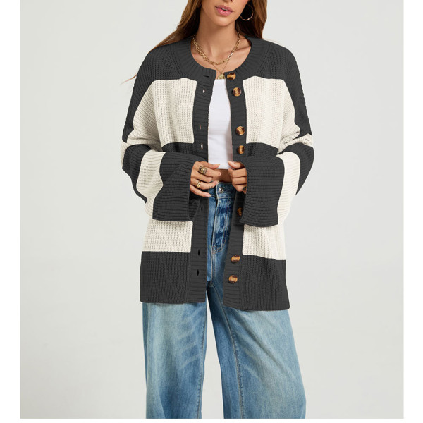 Women Striped Color Block Button Knit Cardigan