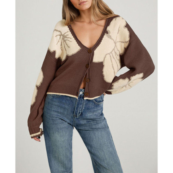 Women Floral Print Cropped Knit Button Cardigan