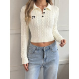 Women Bow Embroidery Cable Knit Cropped Sweater