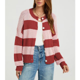 Striped Knit Cardigan for Women, Crew Neck Button Down Drop Shoulder Long Sleeve Loose Casual Knit Outer Sweater
