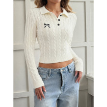 Women Bow Embroidery Cable Knit Cropped Sweater