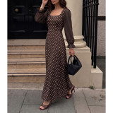 Women Polka Dot Square Neck Long Sleeve Maxi Dress