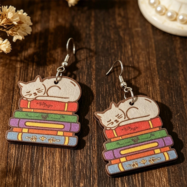 Sleeping Cat Books Wooden Dangle Earrings