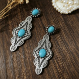 Women Retro Western Style Turquoise Inlaid Engraved Silver Dangle Drop Earrings