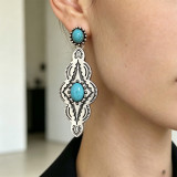 Women Retro Western Style Turquoise Inlaid Engraved Silver Dangle Drop Earrings