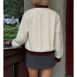 Women Casual Colorblock Cropped Baseball Jacket Zip Up Long Sleeve Varsity Coat