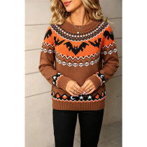 Halloween Bat Skull Pattern Knitted Sweater Women Crew Neck Long Sleeve Pullover