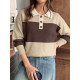 Color Block Stripe Polo Collar Knit Pullover Women Long Sleeve Button Casual Sweater Top