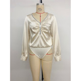 Elegant Satin Bodysuit Women Rhinestone Trim V Neck Ruched Long Sleeve Dressy Top