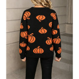 Women Halloween Themed Pumpkin Print Knit Sweater