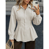 Waist Pleated Fitted Peplum Shirt Women Lapel Collar Puff Long Sleeve Button Blouse