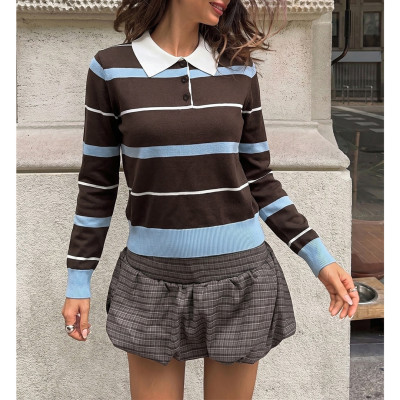 Women Vintage Stripe Polo Knit Top Long Sleeve Cropped Pullover Sweater