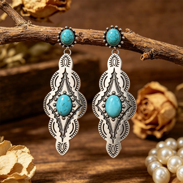 Women Retro Western Style Turquoise Inlaid Engraved Silver Dangle Drop Earrings