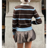 Women Vintage Stripe Polo Knit Top Long Sleeve Cropped Pullover Sweater