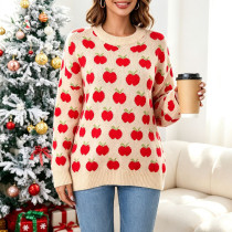 Women Apple Jacquard Crew Neck Knit Sweater