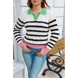 Women Contrast Polo Collar Striped Cable Knit Sweater