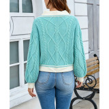 Cute Wrap Cross Front Cropped Cable Knit Sweater Women Contrast Trim Long Sleeve Crop Top