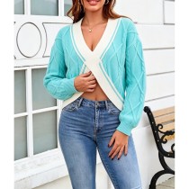 Cute Wrap Cross Front Cropped Cable Knit Sweater Women Contrast Trim Long Sleeve Crop Top
