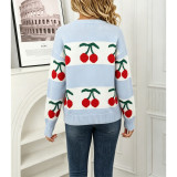 Cute Cherry Pattern Color Block Striped Knit Sweater