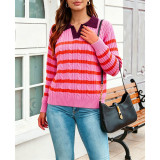 Women Contrast Polo Collar Striped Cable Knit Sweater