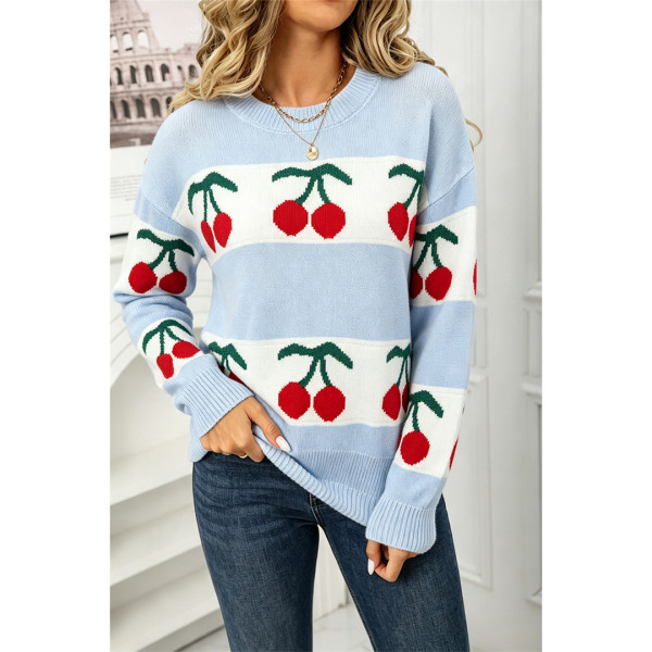 Cute Cherry Pattern Color Block Striped Knit Sweater