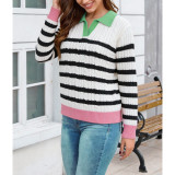 Women Contrast Polo Collar Striped Cable Knit Sweater