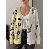 Leopard Jacquard Color Block Knit Cardigan