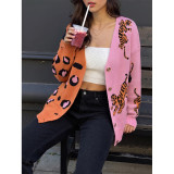 Leopard Jacquard Color Block Knit Cardigan