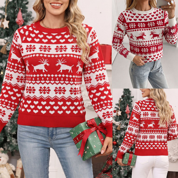 Women Christmas Reindeer Snowflake Heart Jacquard Knit Sweater