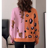 Leopard Jacquard Color Block Knit Cardigan
