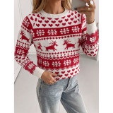 Women Christmas Reindeer Snowflake Heart Jacquard Knit Sweater