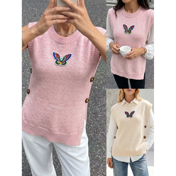 Women Butterfly Embroidered Knit Sleeveless Vest