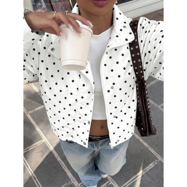 Polka Dot Cropped Jacket Stand Collar Zip‑Up Streetwear Short Outerwear