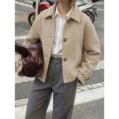 Wool Blend Cropped Coat Lapel Collar Button Down Fall Short Jacket