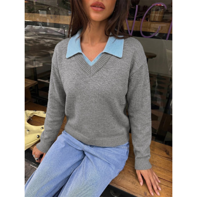 Women Color‑Block Polo Collar V‑Neck Knit Sweater