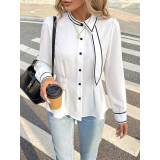 Women Contrast Trim Bow Collar Button Down Shirt Long Sleeve Peplum Waist Blouse Top