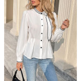 Women Contrast Trim Bow Collar Button Down Shirt Long Sleeve Peplum Waist Blouse Top