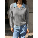 Women Color‑Block Polo Collar V‑Neck Knit Sweater