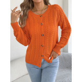 Crew Neck Cable Knit Long Sleeve Button‑Front Casual Cardigan