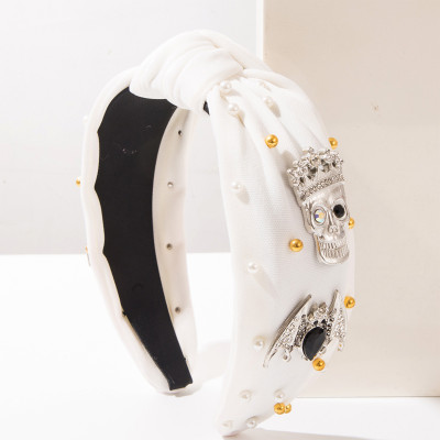 Gothic Skull Bat Rhinestone Pearl Knotted Wide Headband for Halloween