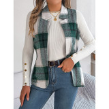 Plaid Lapel Sleeveless Open Front Casual Vest