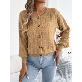 Crew Neck Cable Knit Long Sleeve Button‑Front Casual Cardigan