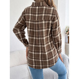 Women’s Lapel Collar Plaid Flannel Long Sleeve Button‑Down Casual Shirt