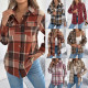 Women’s Lapel Collar Plaid Flannel Long Sleeve Button‑Down Casual Shirt