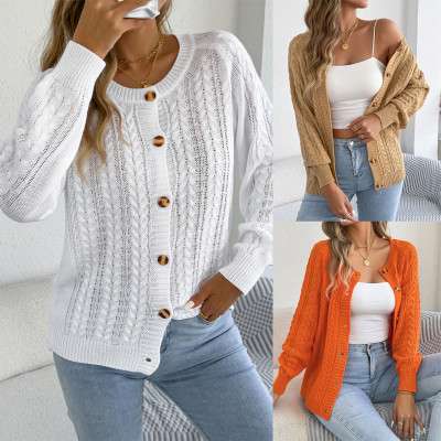 Crew Neck Cable Knit Long Sleeve Button‑Front Casual Cardigan